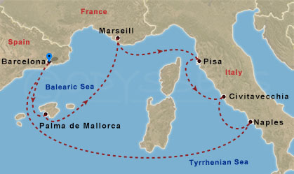 map itinerary western mediterranean cruise night